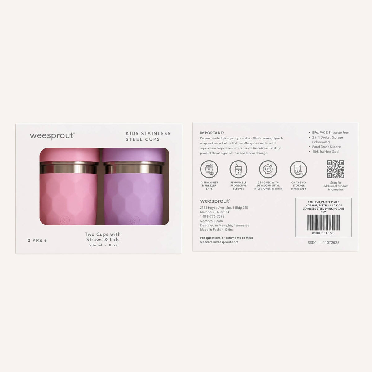 WeeSprout – 3-in-1 Stainless Steel Kids Cups – 8 oz, Set of 2, care and dimension information graphic; BPA-free silicone
