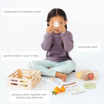 Pearhead Wooden Farmers Market 21-Piece Toy Set: toy pictured in a playroom scene; FSC-certified wood