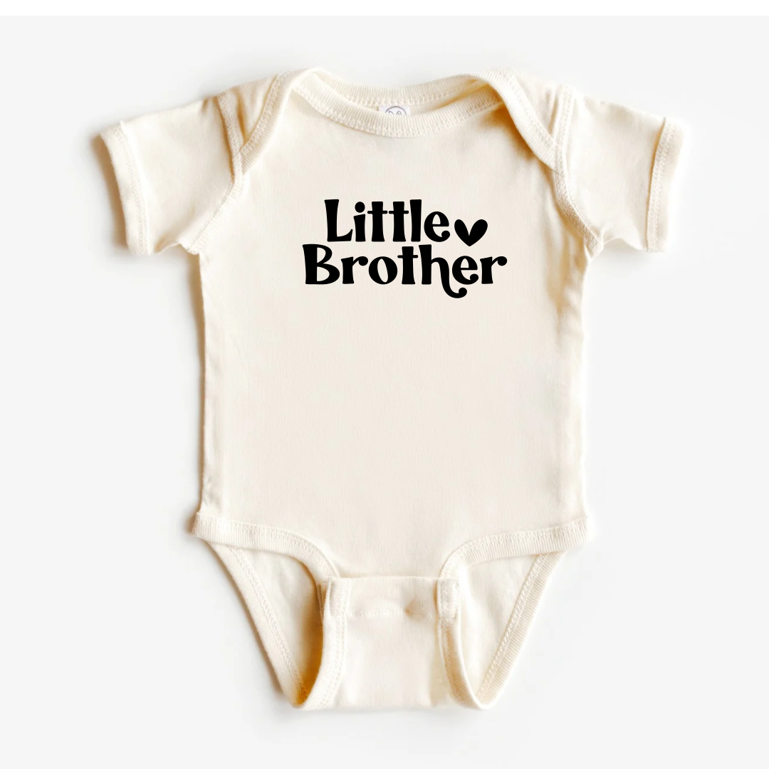 Dorothy’s Reason Little Brother natural beige baby bodysuit, natural cream baby onesie with LITTLE BROTHER print