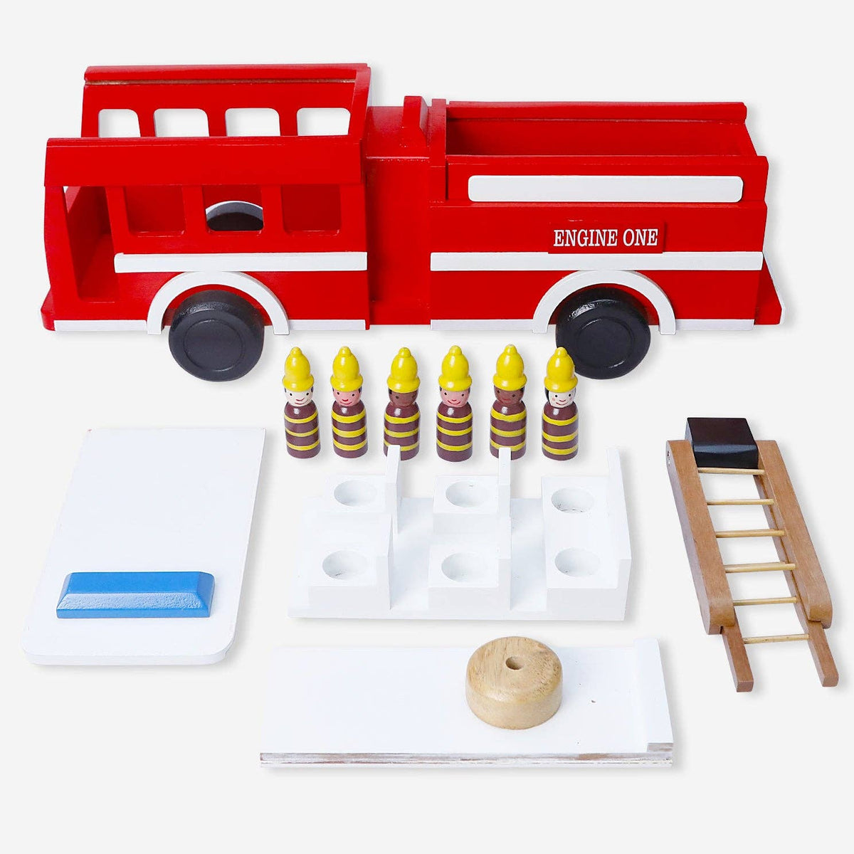 Mr. Ellie Pooh - Large Wooden Fire Truck Toy – 20” Ladder Engine with 6 Firefighters — alternate product image, view 7