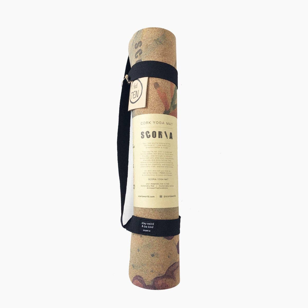 Scoria extra-thick cork botanicals yoga mat — rolled extra thick cork yoga mat secured by paper band
