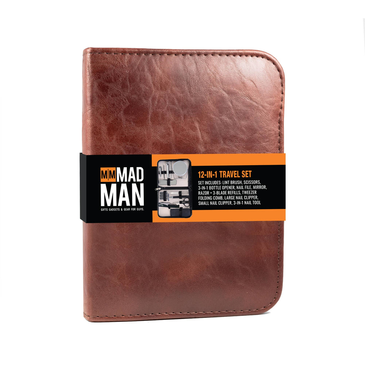 Mad Man compact men's grooming travel kit, brown faux-leather zippered toiletry grooming kit