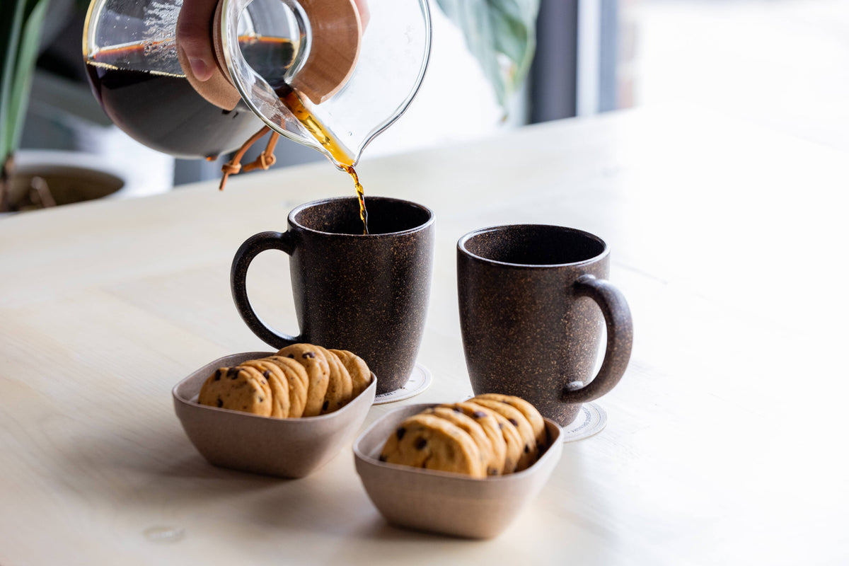 Loopy Products 8 Oz Coffee Mug Made With Upcycled Coffee Hulls: mug styled on a counter; upcycled agricultural-waste material