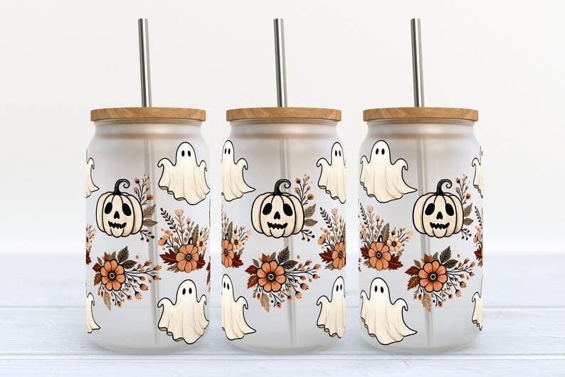 Ghost Pumpkin Flower 16oz Frosted Libbey Glass Tumbler