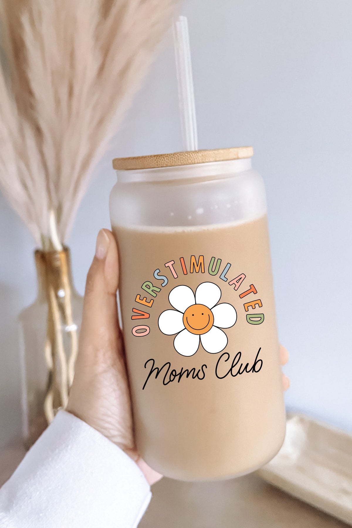Overstimulated Moms Club 16 oz Glass Cup with Bamboo Lid