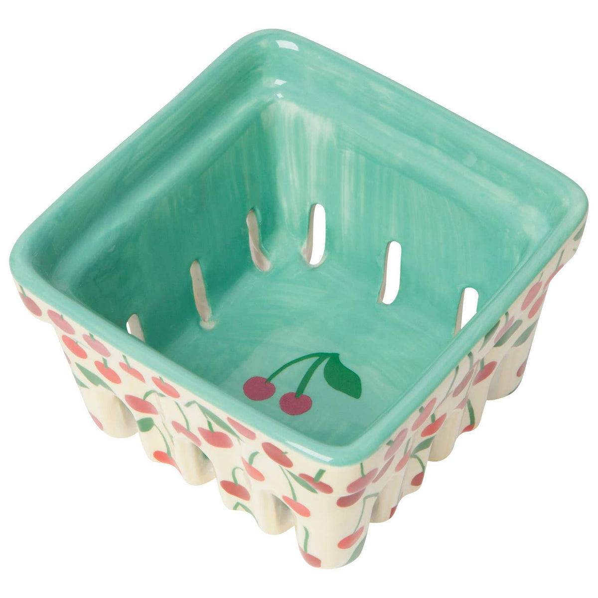 Danica Jubilee stoneware Very Cherry berry basket — turquoise interior of cherry-pattern stoneware berry bowl