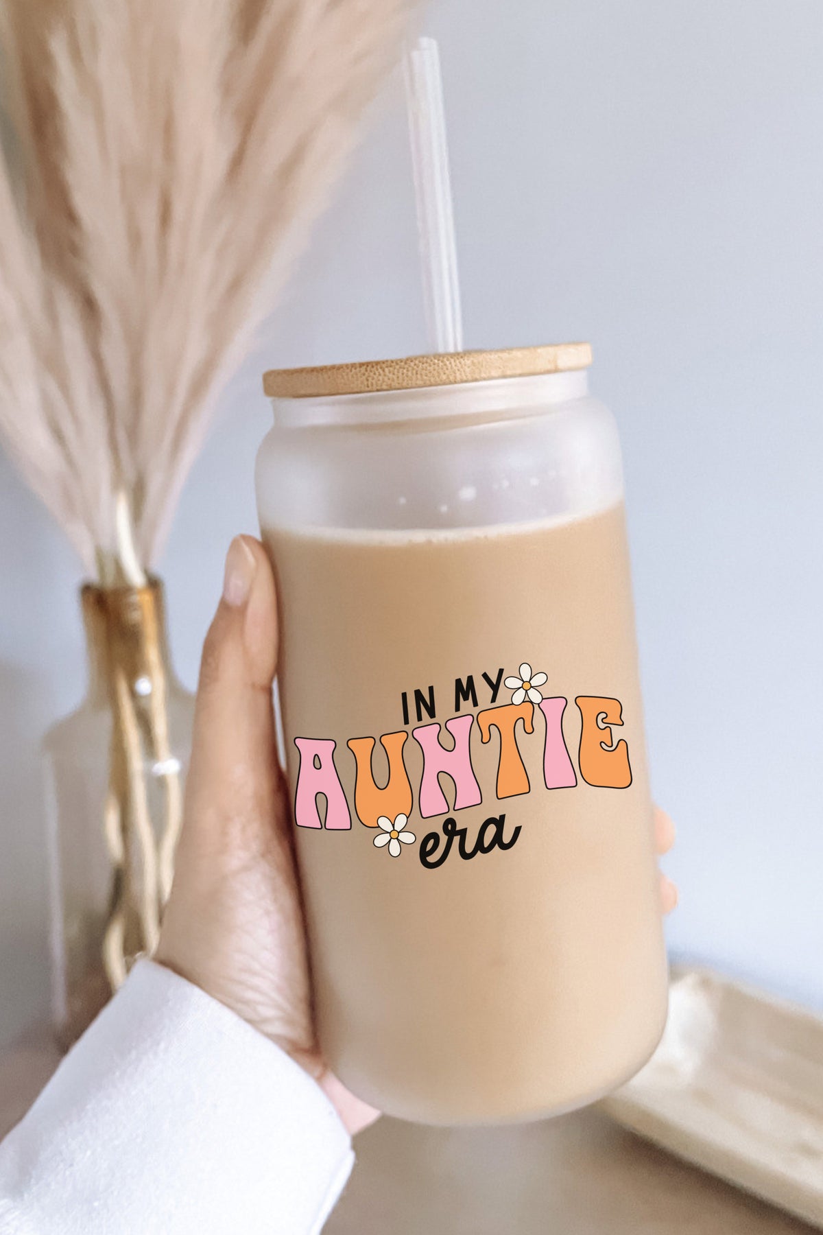 In my Auntie Era 16 oz Glass Cup with Bamboo Lid