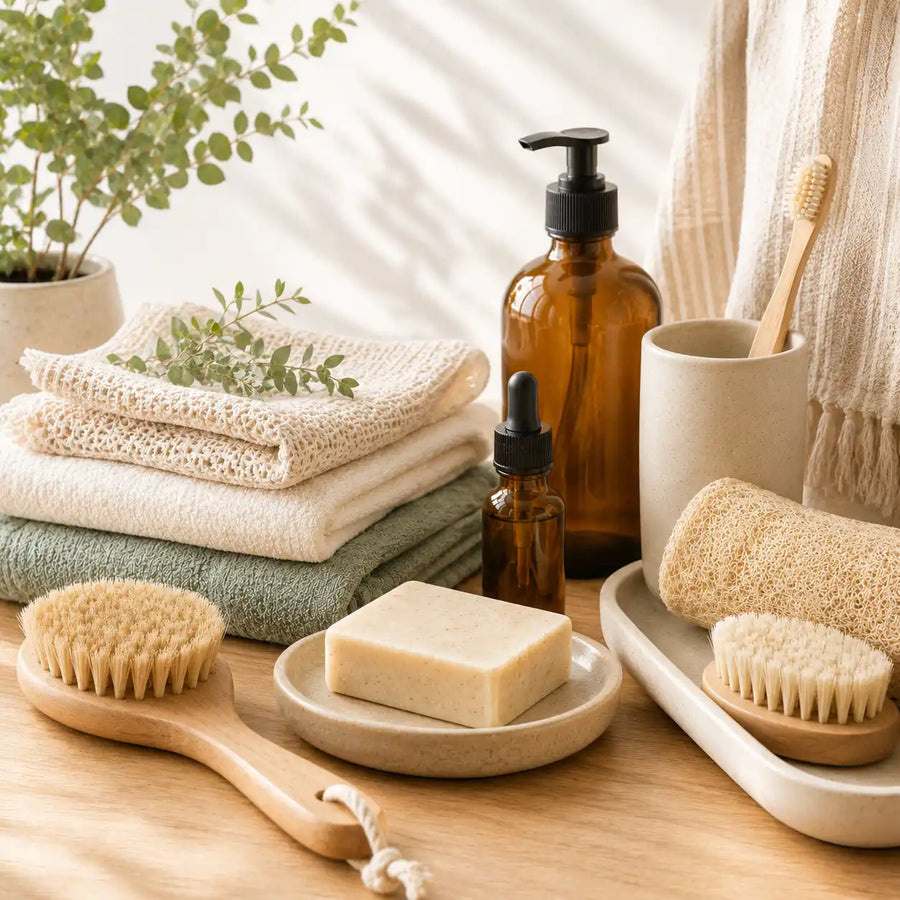 Eco-friendly bath and plastic-free personal care products with soap, towels, brushes, and reusable essentials