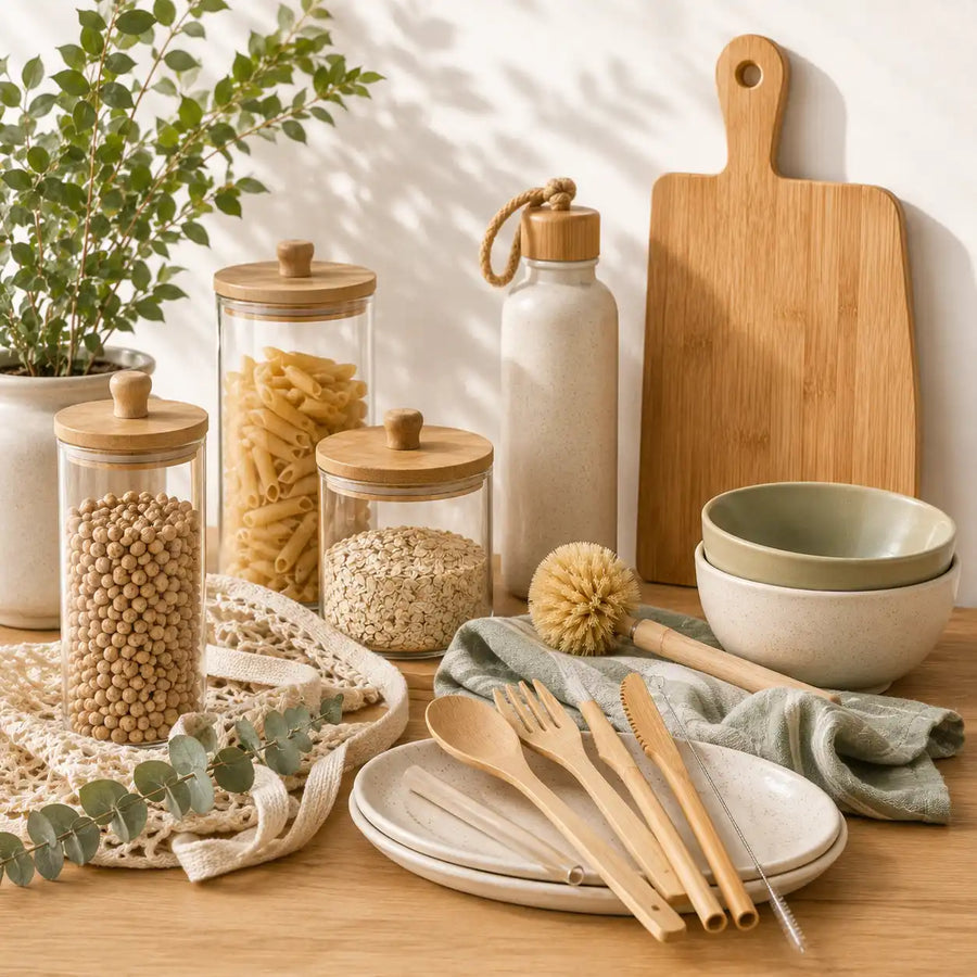 Eco-friendly kitchen products and zero waste reusables with bamboo utensils, bottles, jars, and dish essentials