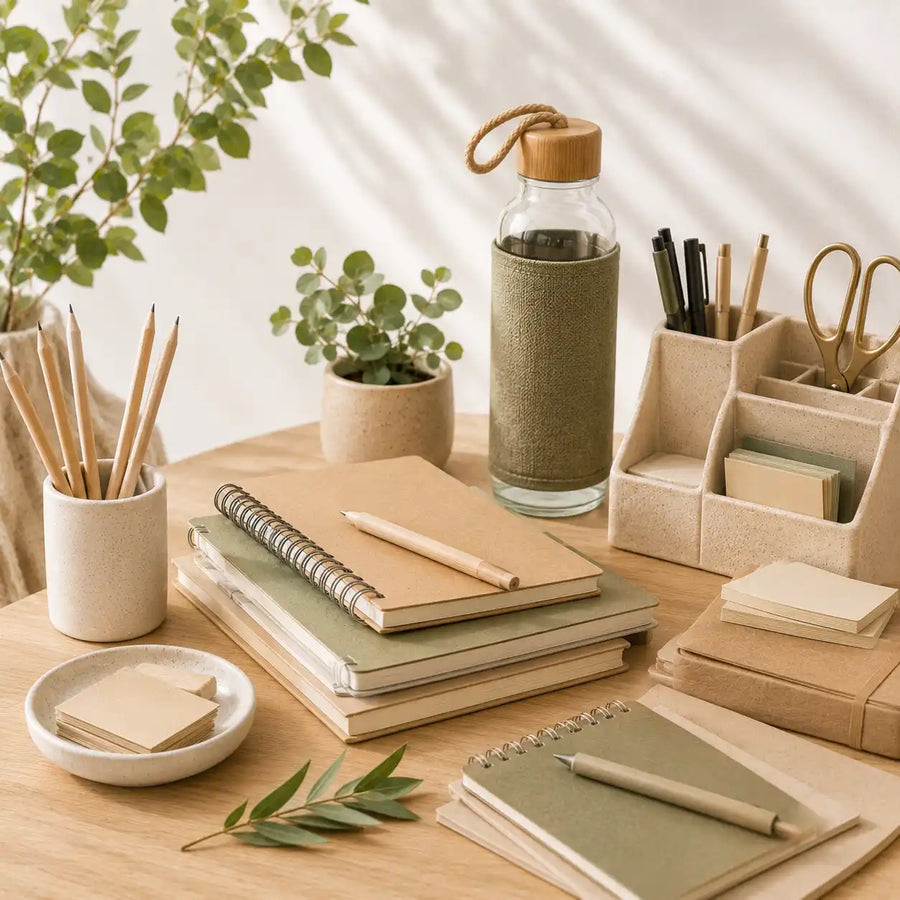 Eco-friendly school and office supplies with sustainable notebooks, paper, writing tools, and stationery