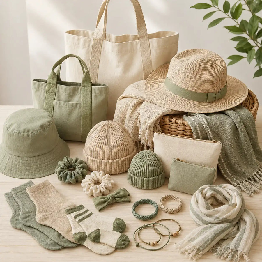 Matching family accessories and eco-friendly gifts including hats, bags, and everyday items