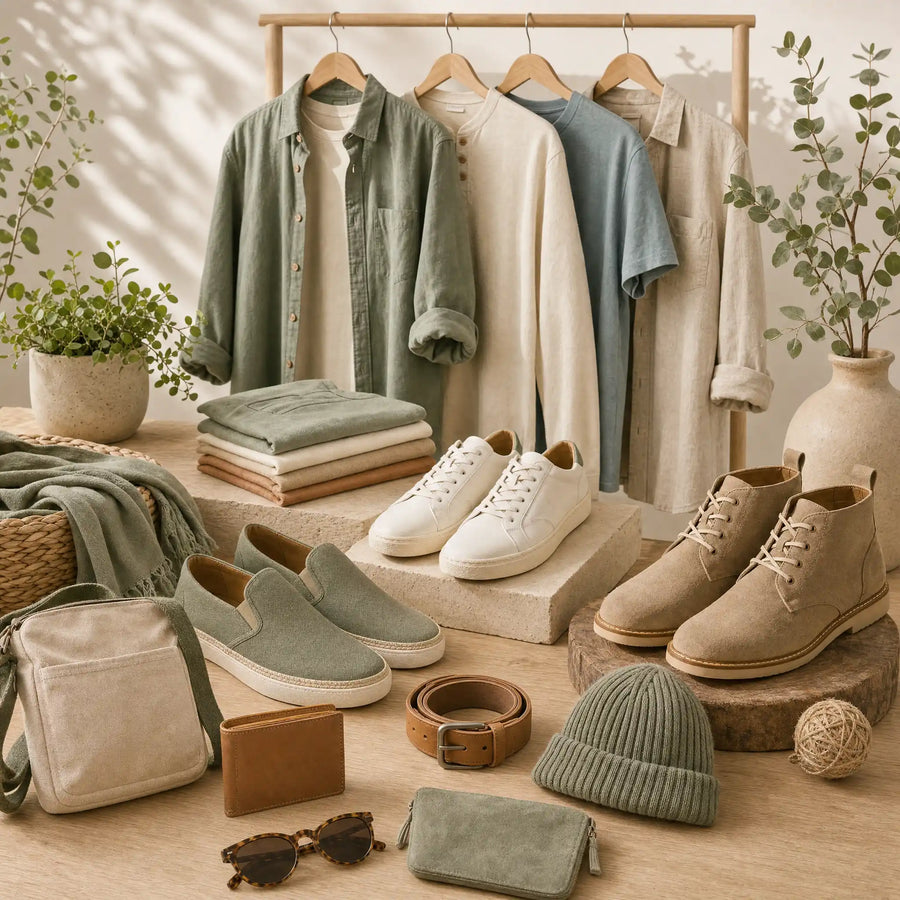 Sustainable men's clothing, eco-friendly shoes, wallets, reusable bags, and thoughtfully made accessories for a stylish environmentally low-impact lifestyle