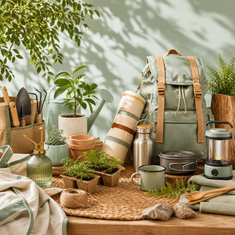 Sustainable outdoor gear, eco-friendly garden supplies, plant pots, hand tools, and camping equipment for low-impact living and outdoor recreation