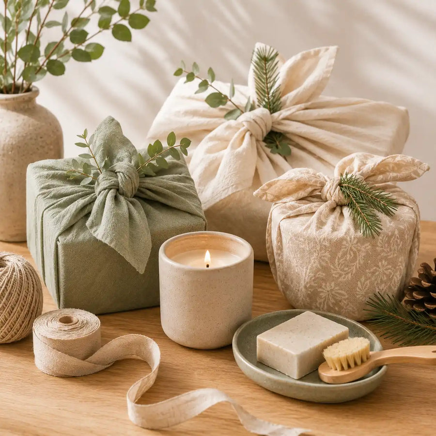 Sustainable seasonal gifts and eco-friendly holiday products with reusable wrapping, candles, and gift essentials