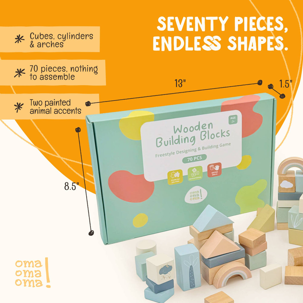 OmaOmaOma! Montessori-Inspired Wooden Learning Toys - Wooden Safari Building Blocks - 70pc Wooden Block Set 2+