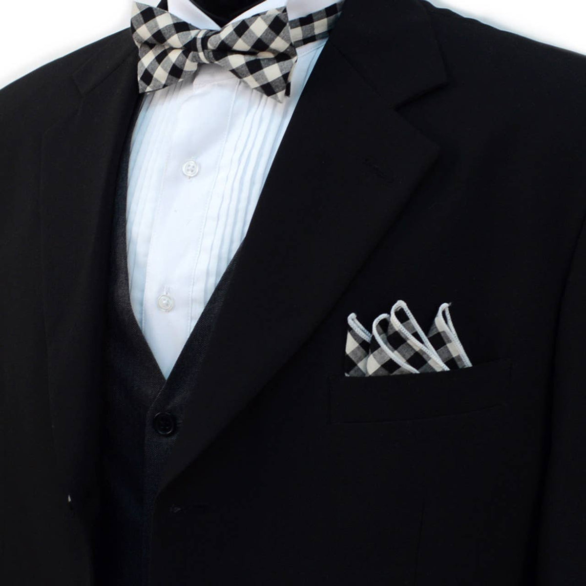 Selini New York - Men's Black Plaid Cotton Bow Tie & Matching Pocket Square — alternate product image, view 6