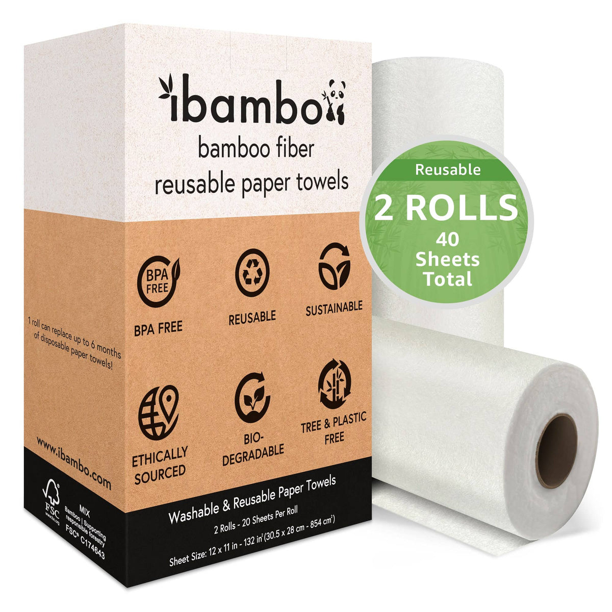 Ibambo Reusable Bamboo Paper Towels - 2 Rolls - 40 Sheets