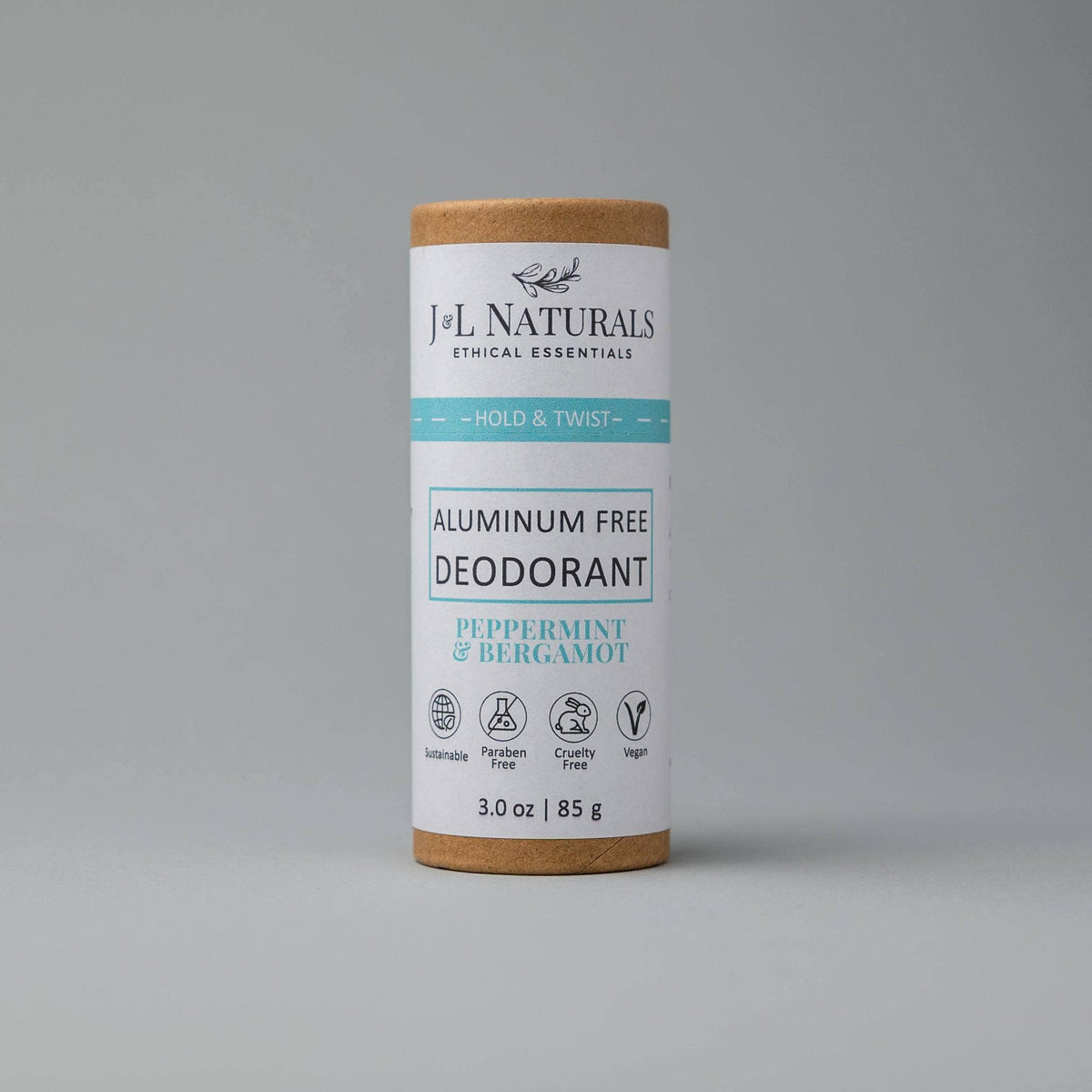 J&L Naturals Extra-Strength Deodorant (Full Size - small deodorant container on gray; plant-based