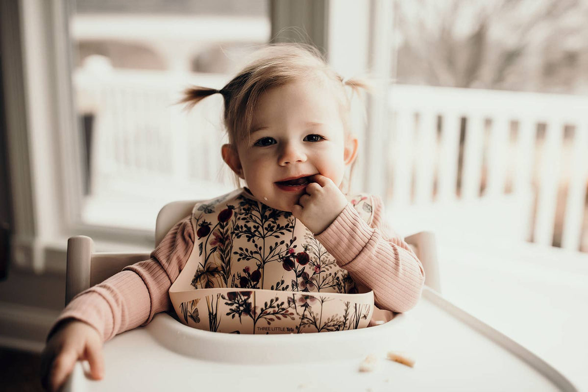 Three Little Tots - Flower Print Silicone Bib with Crumb Catcher — alternate product image, view 4