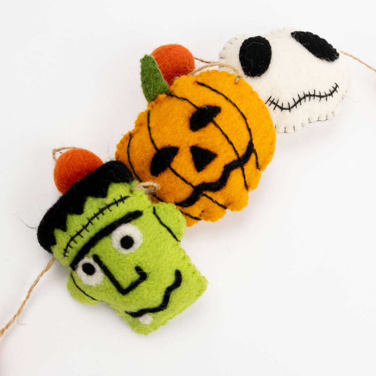The Winding Road - Garland - Halloween Decor, Ghost, Black Cat, Frankenstein — close-up of pumpkin and Frankenstein garland characters