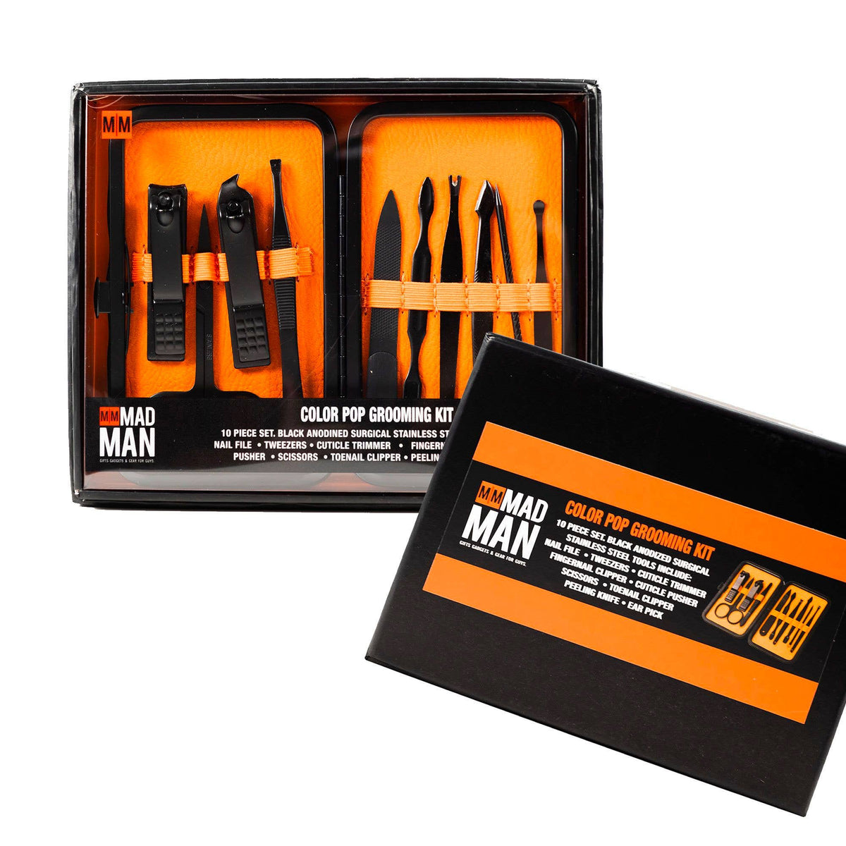 Mad Man Color Pop 10-Piece Men's Grooming Kit - orange kit and gift box; stainless steel