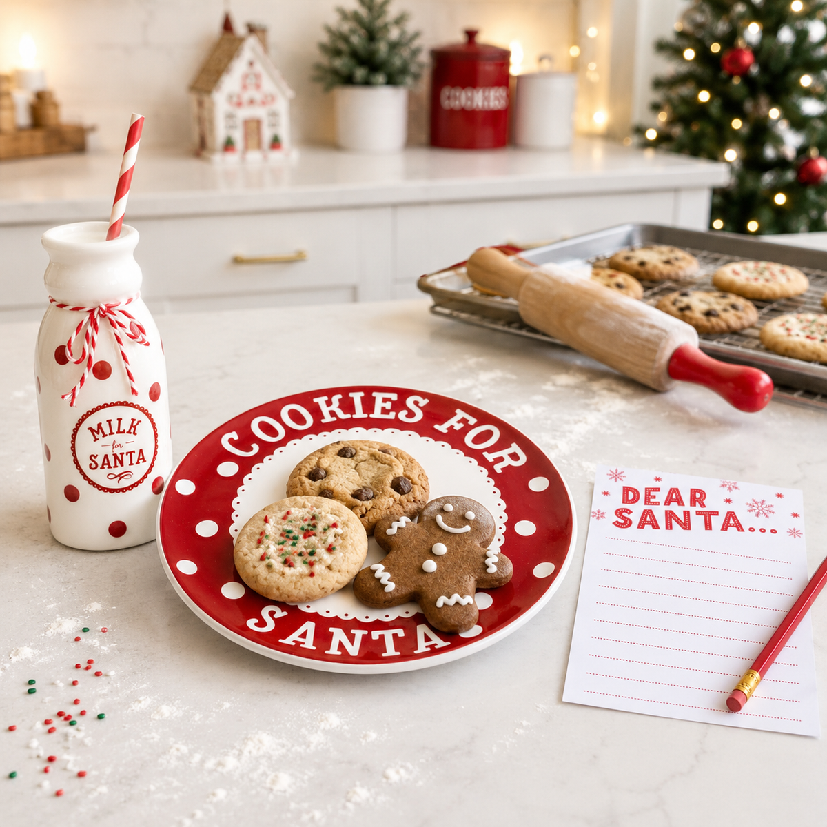 Set navideño de plato para galletas de Papá Noel, jarra de leche y letra