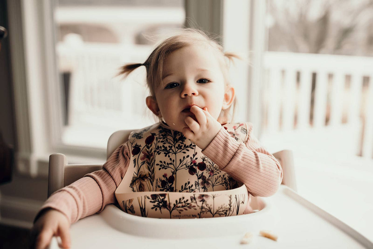 Three Little Tots - Flower Print Silicone Bib with Crumb Catcher — alternate product image, view 2