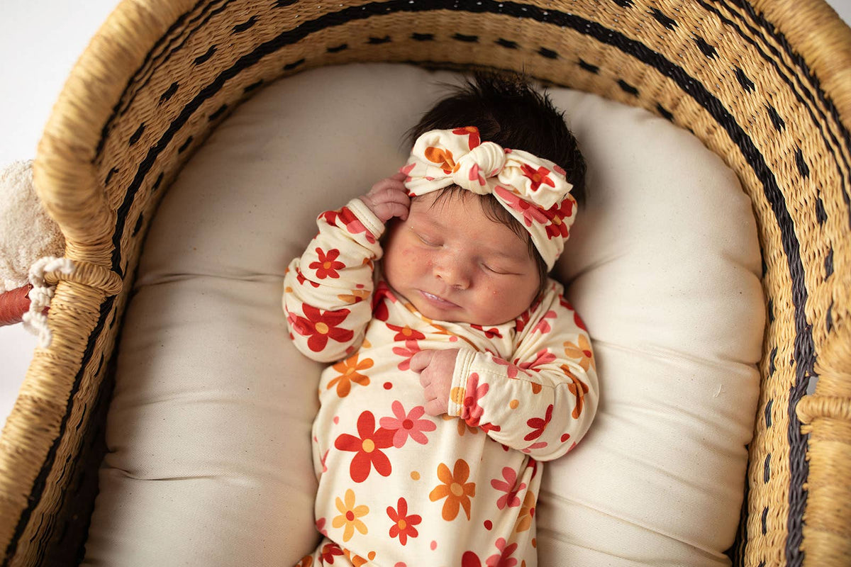 Three Little Tots - 70s Groovy Flower Knotted Newborn Baby Gown — alternate product image, view 3