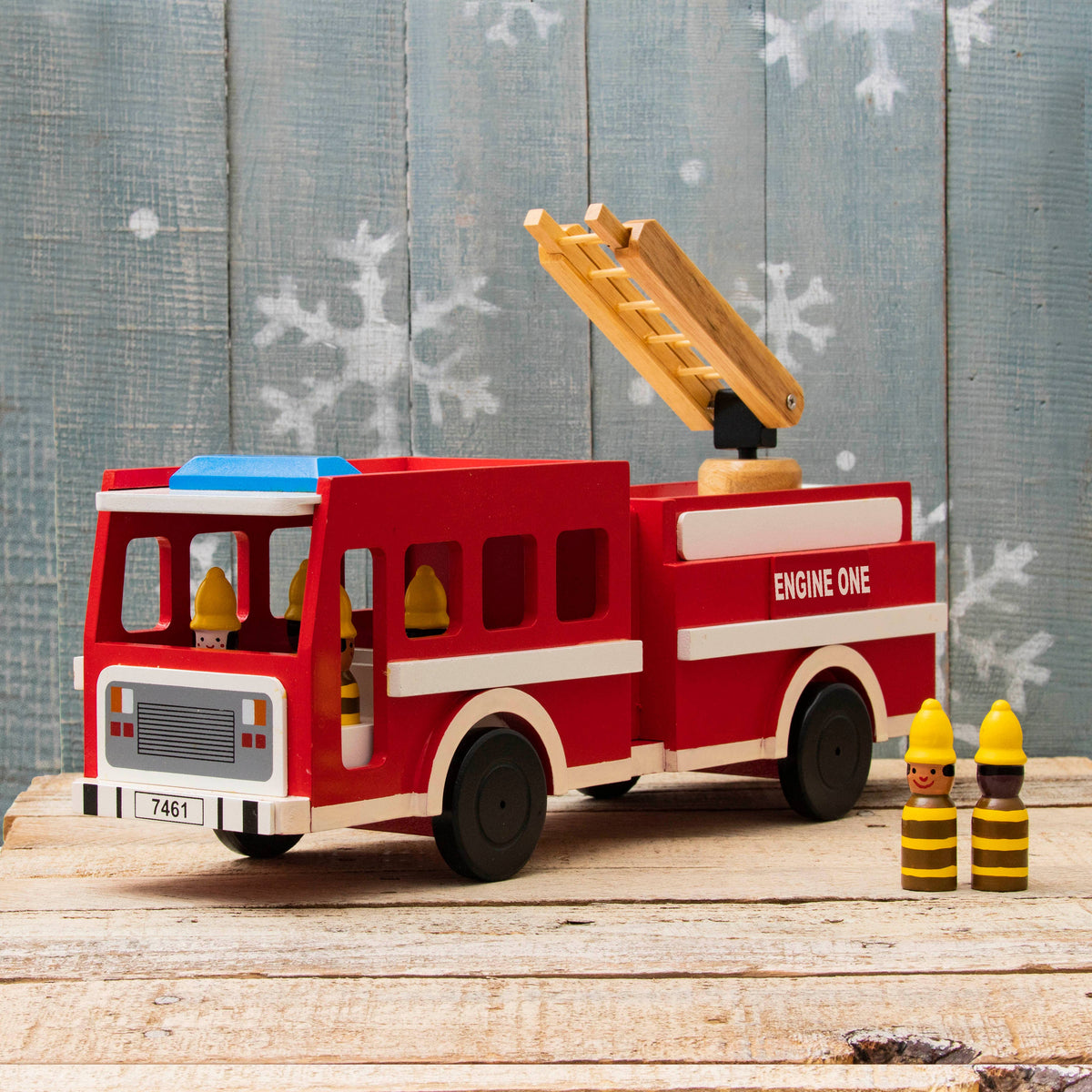 Mr. Ellie Pooh - Large Wooden Fire Truck Toy – 20” Ladder Engine with 6 Firefighters