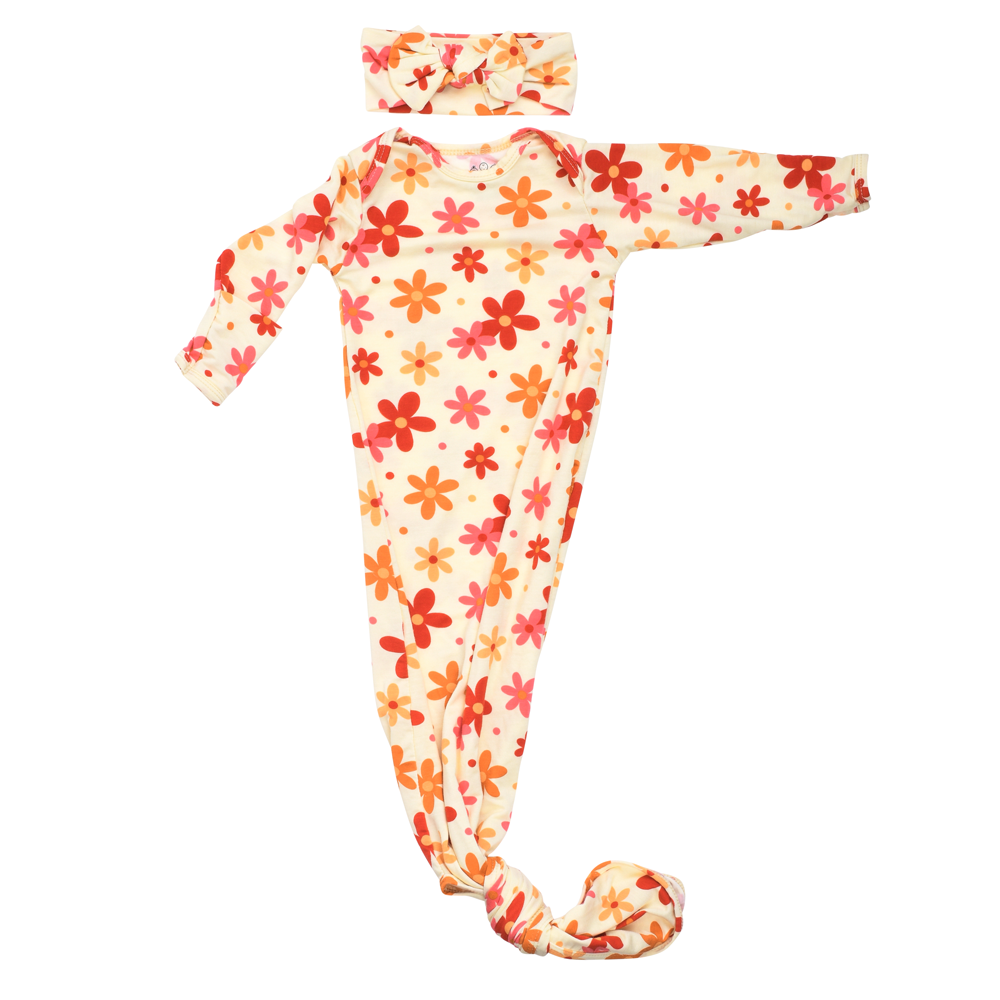 Three Little Tots - 70s Groovy Flower Knotted Newborn Baby Gown — alternate product image, view 6