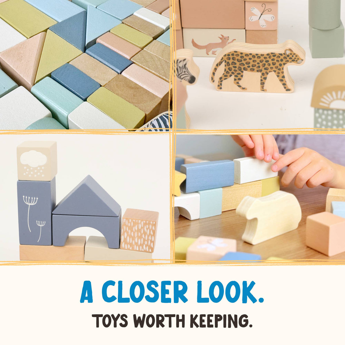 OmaOmaOma! Montessori-Inspired Wooden Learning Toys - Wooden Safari Building Blocks - 70pc Wooden Block Set 2+