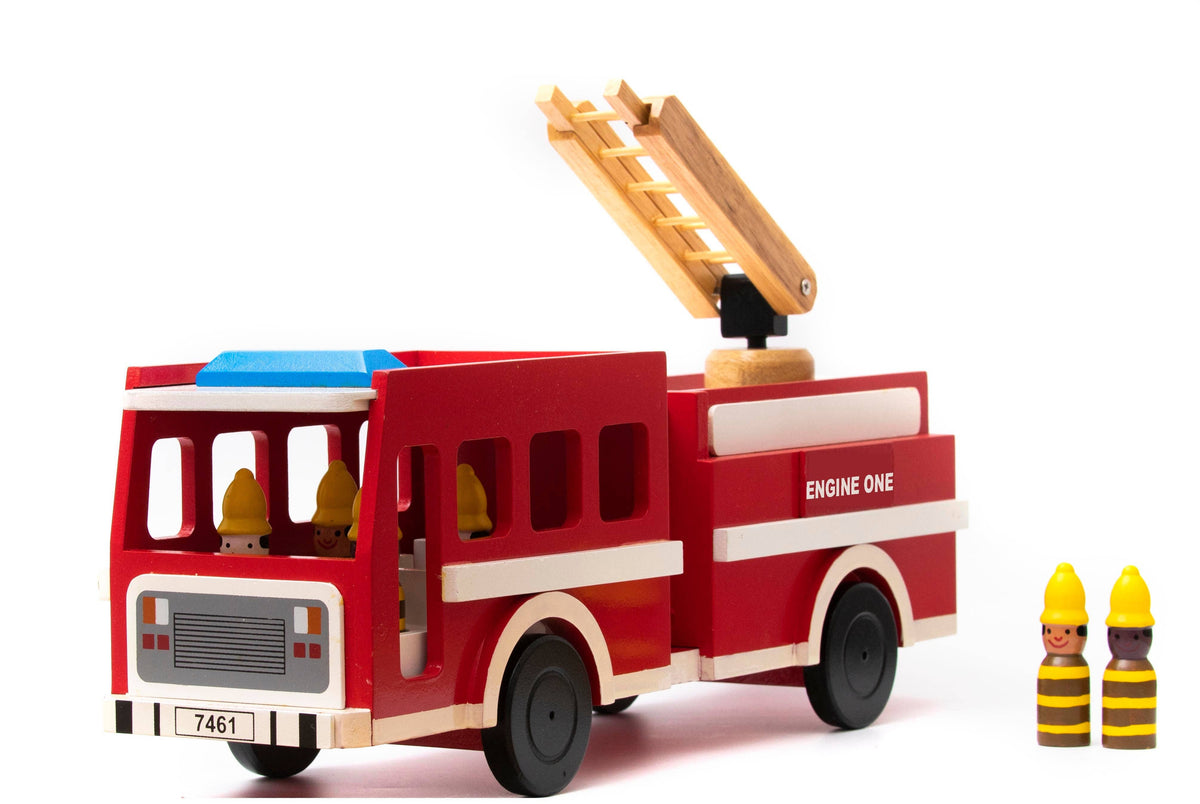 Mr. Ellie Pooh - Large Wooden Fire Truck Toy – 20” Ladder Engine with 6 Firefighters — alternate product image, view 3