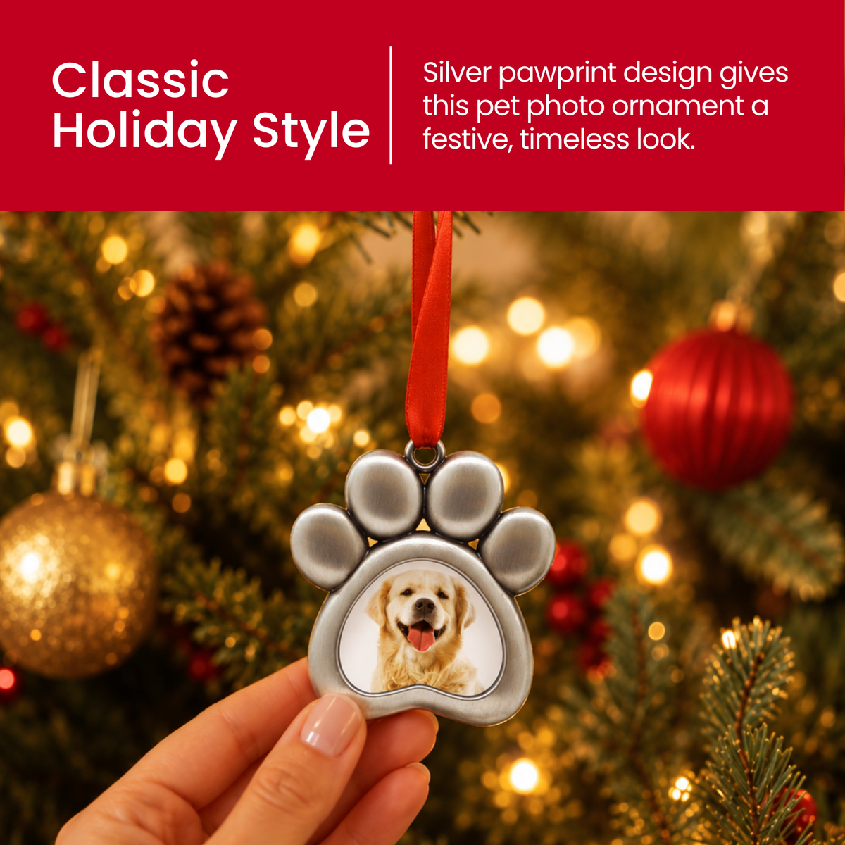 Paw Shaped Pet Silver Christmas Photo Ornament
