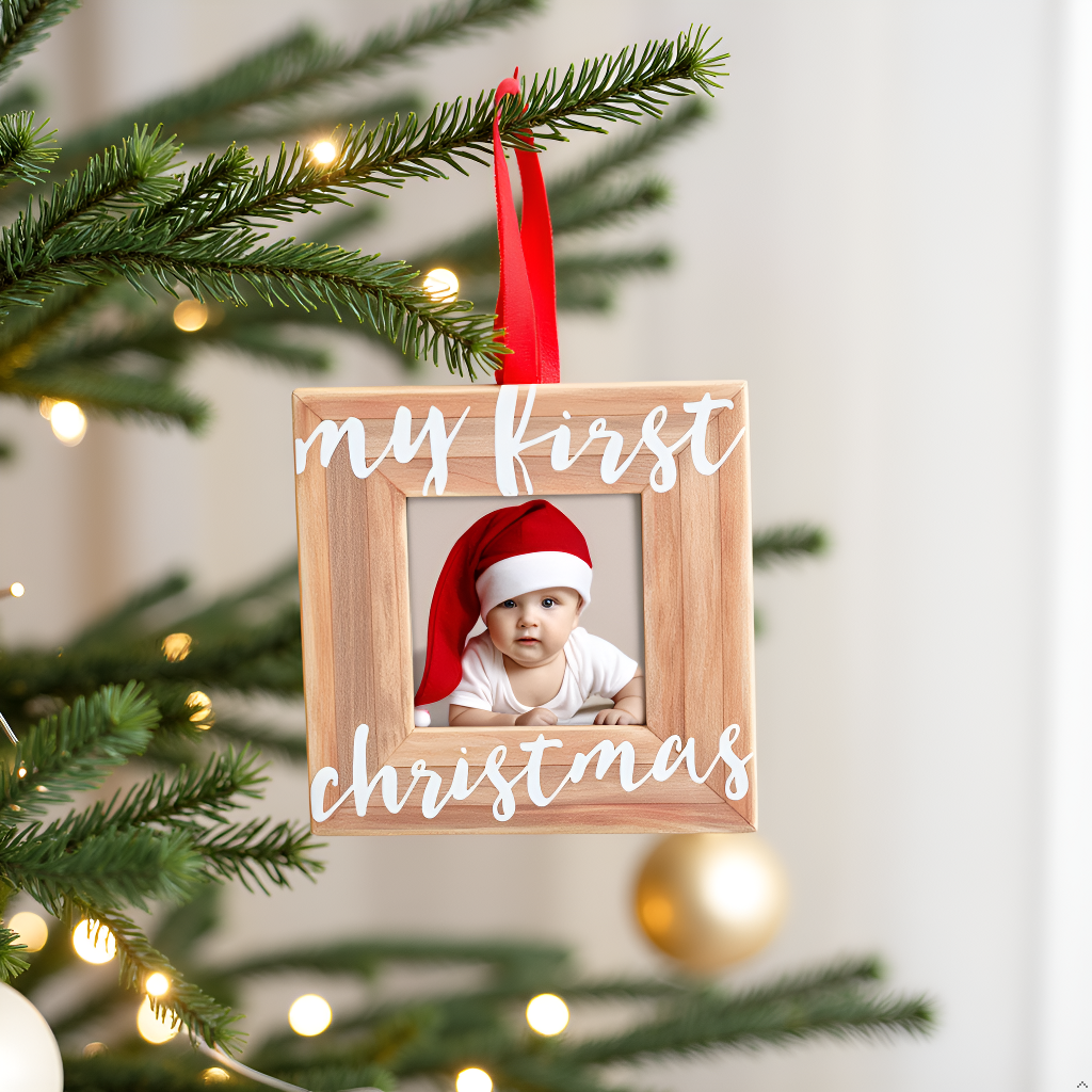 Adorno de marco de fotos de madera «Mi primera Navidad»