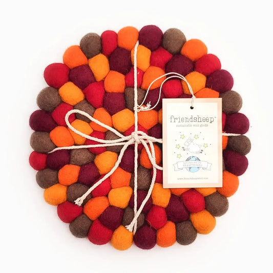 Friendsheep Falling Leaves Eco Coasters and Trivets — autumn-toned round felt ball coasters and trivet