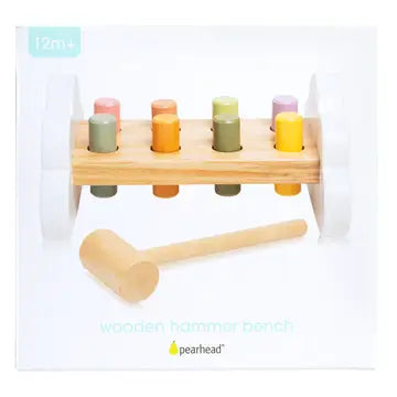 Pearhead FSC-certified wooden toddler hammer bench toy, wooden hammer bench with mallet photographed for retail package