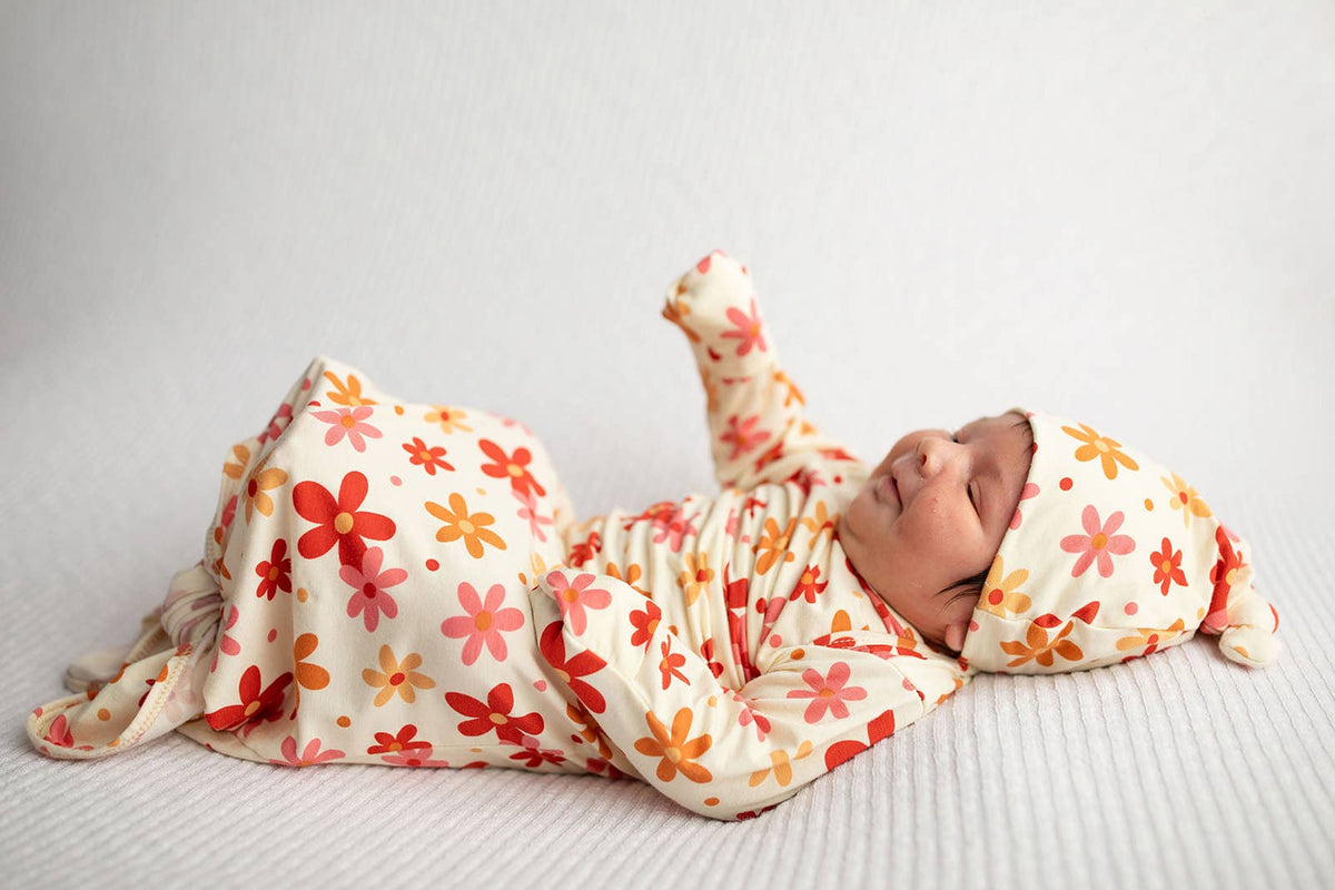 Three Little Tots - 70s Groovy Flower Knotted Newborn Baby Gown — alternate product image, view 10