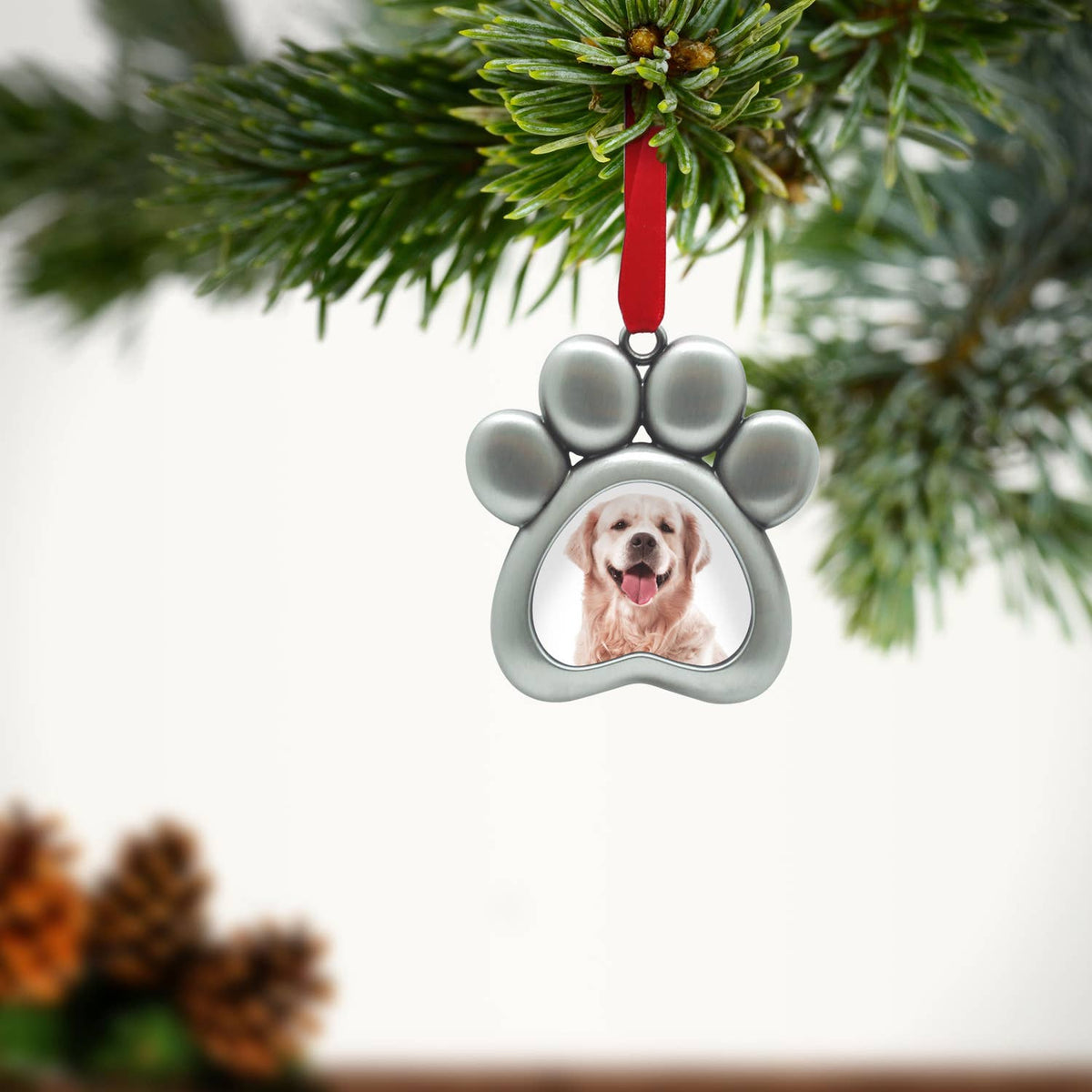Paw Shaped Pet Silver Christmas Photo Ornament
