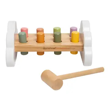 Pearhead FSC-certified wooden toddler hammer bench toy, wooden toddler hammer bench with colored peg balls and small mallet
