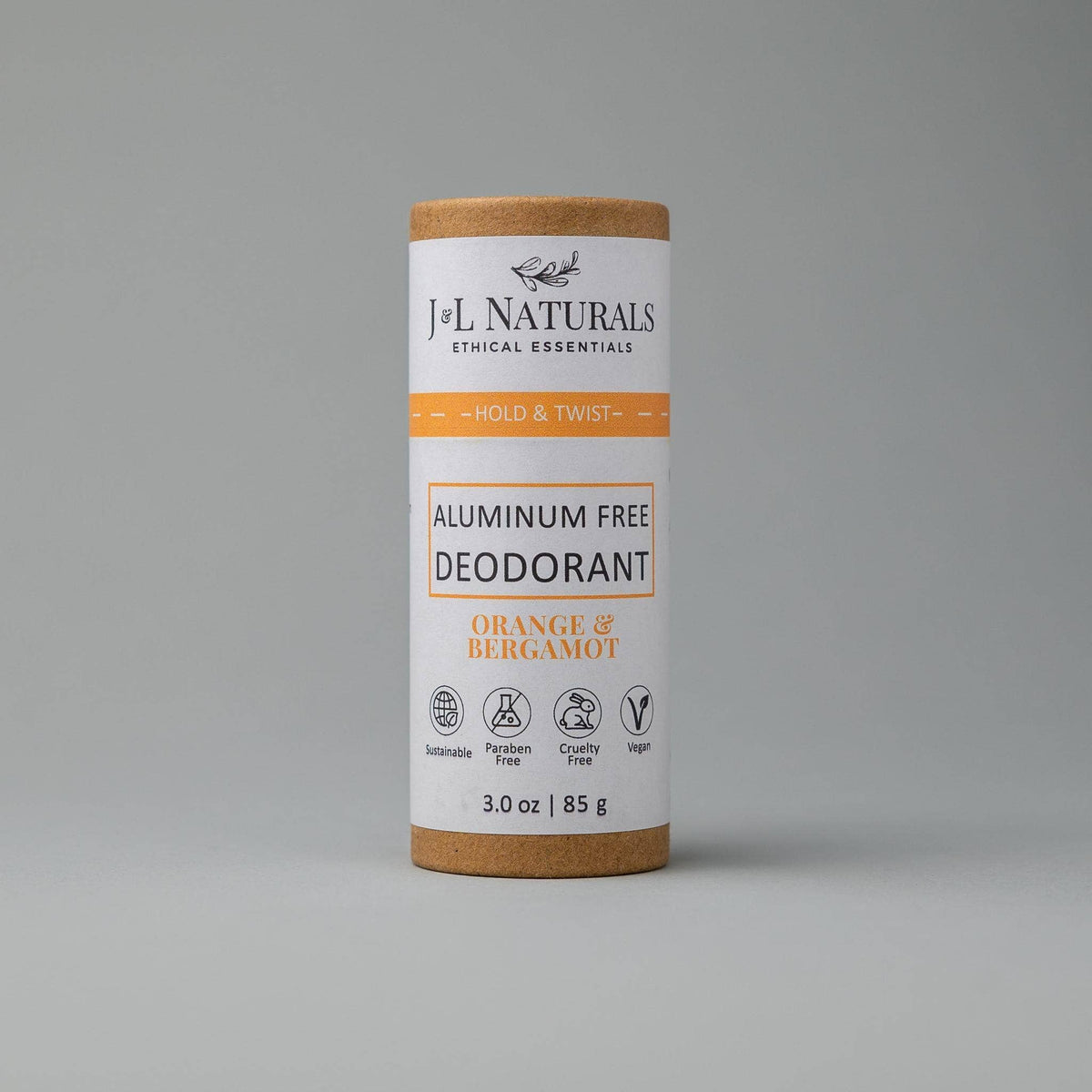 J&L Naturals Extra-Strength Deodorant (Full Size - deodorant tube against gray studio backdrop; vegan
