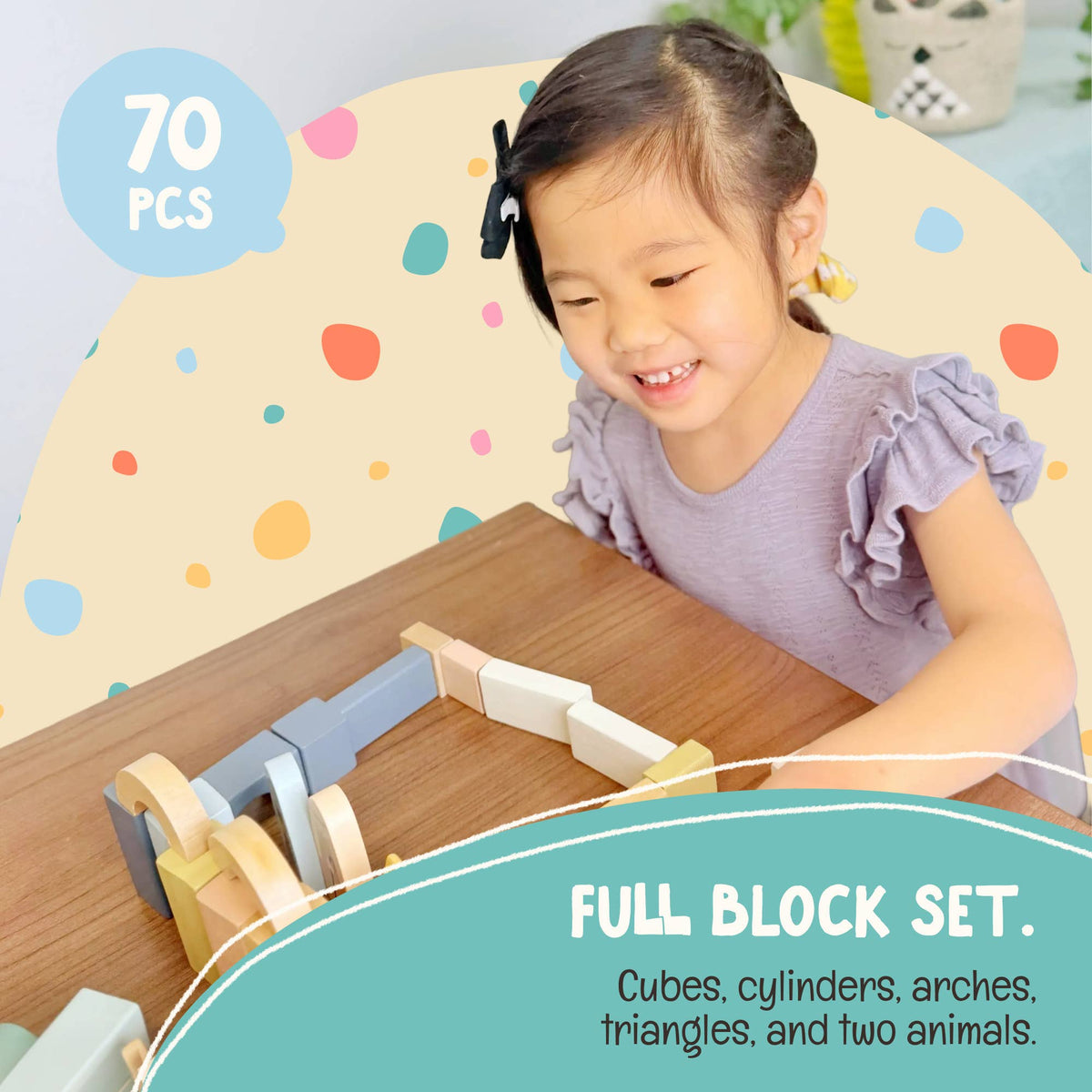 OmaOmaOma! Montessori-Inspired Wooden Learning Toys - Wooden Safari Building Blocks - 70pc Wooden Block Set 2+