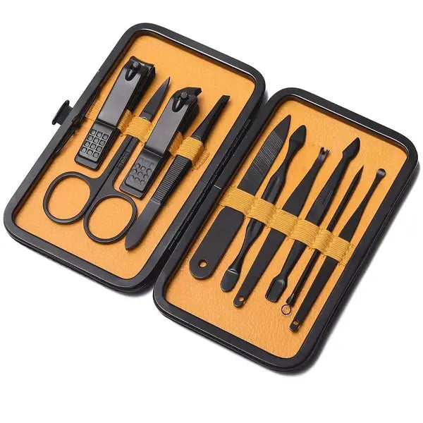 Mad Man Color Pop 10-Piece Men's Grooming Kit - orange manicure tools arranged in open case; stainless steel