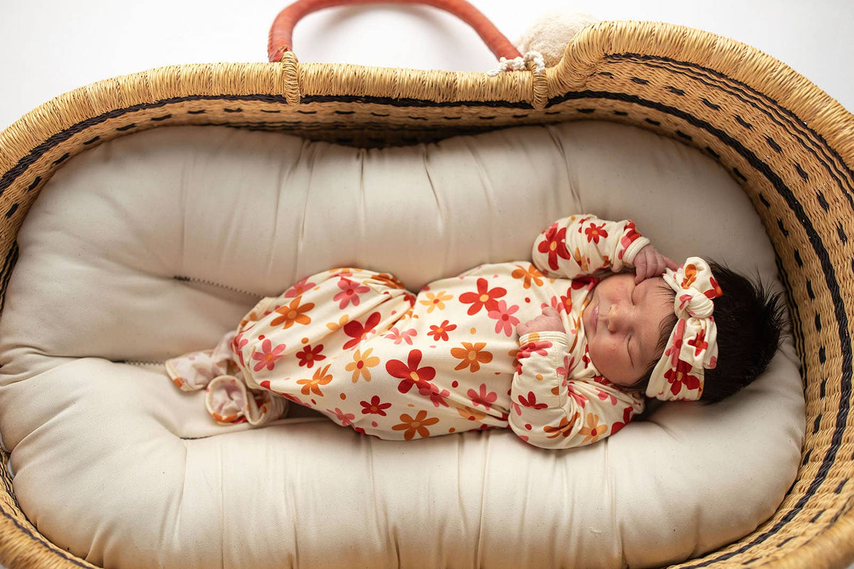 Three Little Tots - 70s Groovy Flower Knotted Newborn Baby Gown — alternate product image, view 13
