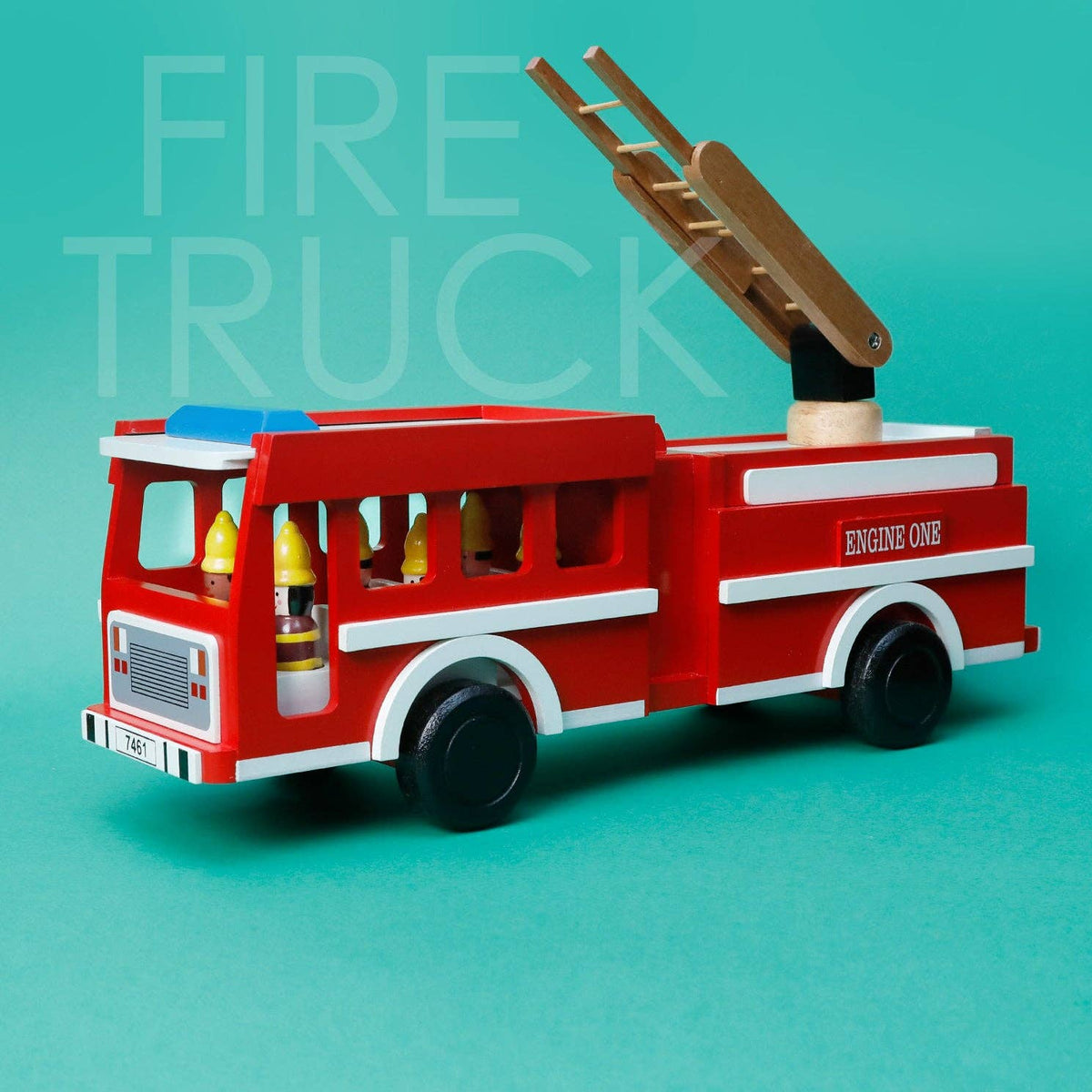 Mr. Ellie Pooh - Large Wooden Fire Truck Toy – 20” Ladder Engine with 6 Firefighters — alternate product image, view 6