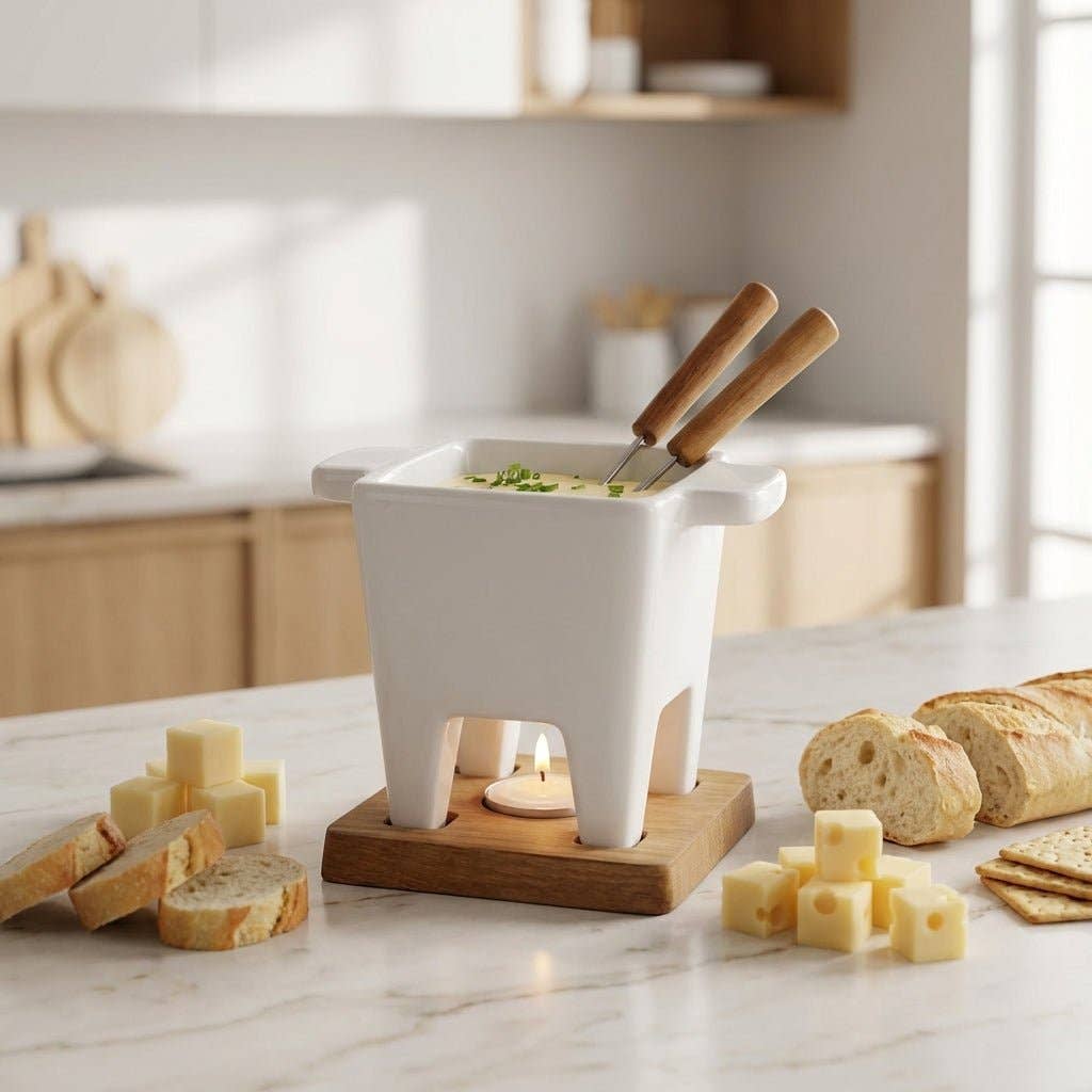 Bamboo Switch - Ceramic Cheese Fondue Pot with Bamboo Base