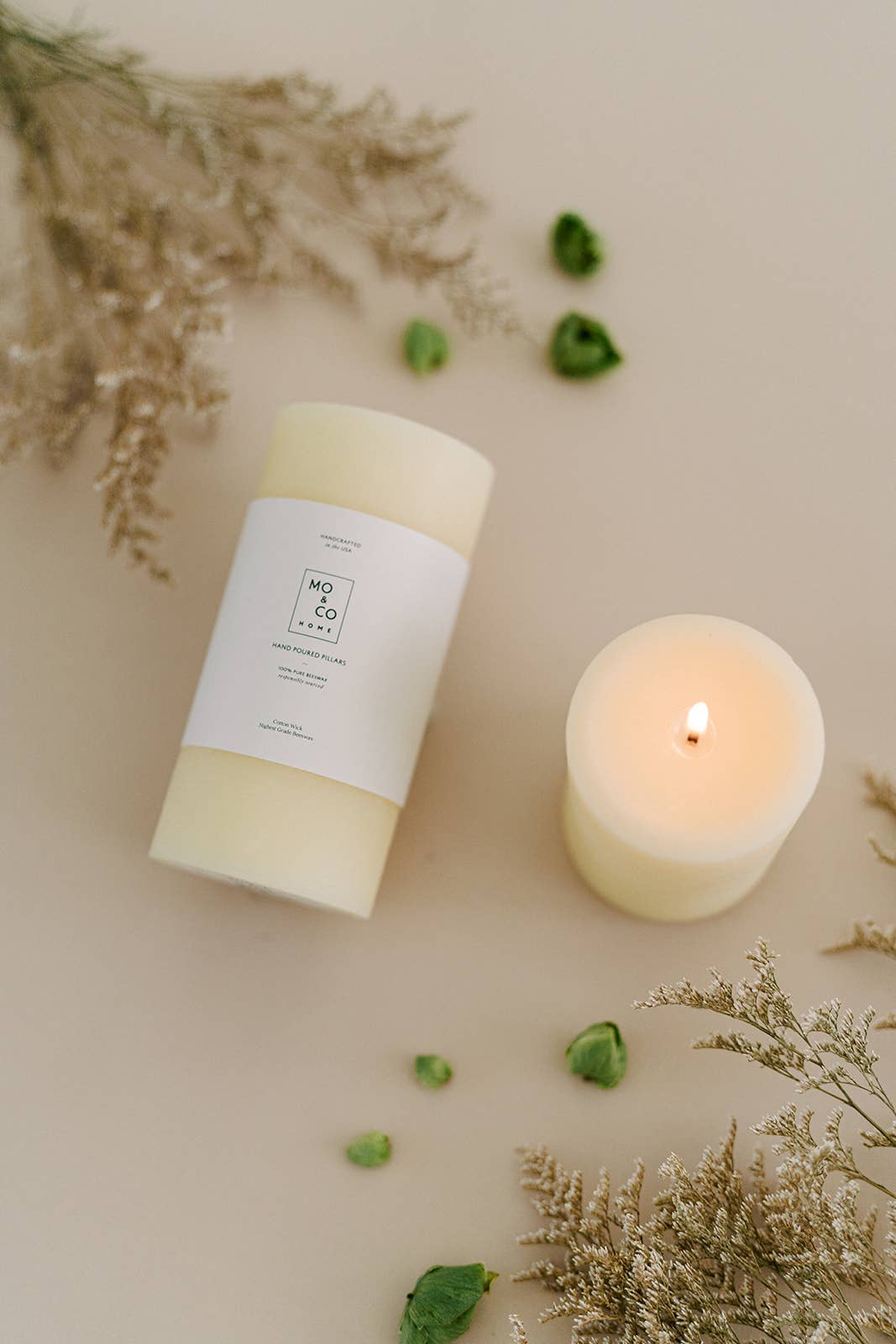 Mo&Co Home - Natural White | 100% Beeswax Pillar Candle | All Natural, Handmade