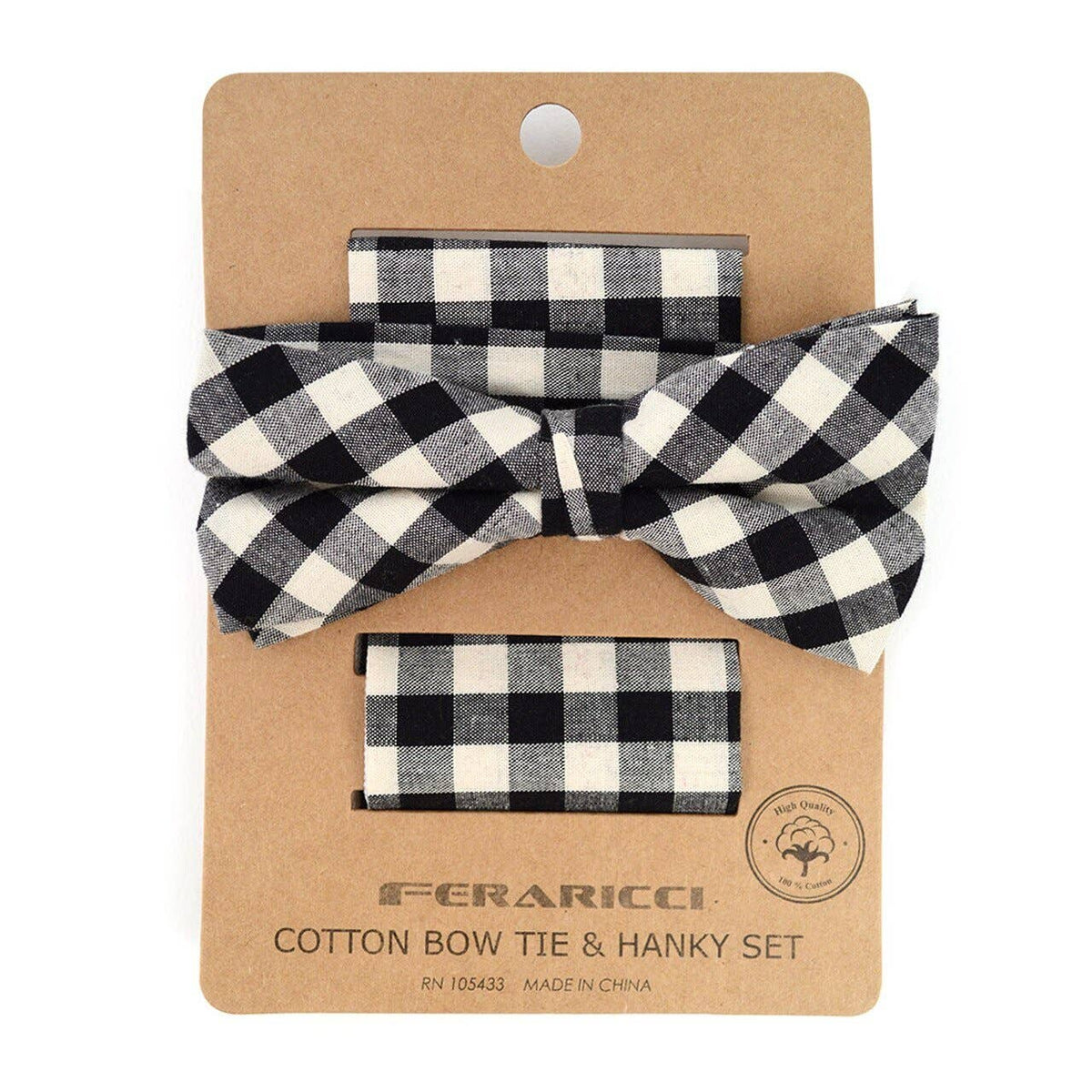Selini New York - Men's Black Plaid Cotton Bow Tie & Matching Pocket Square