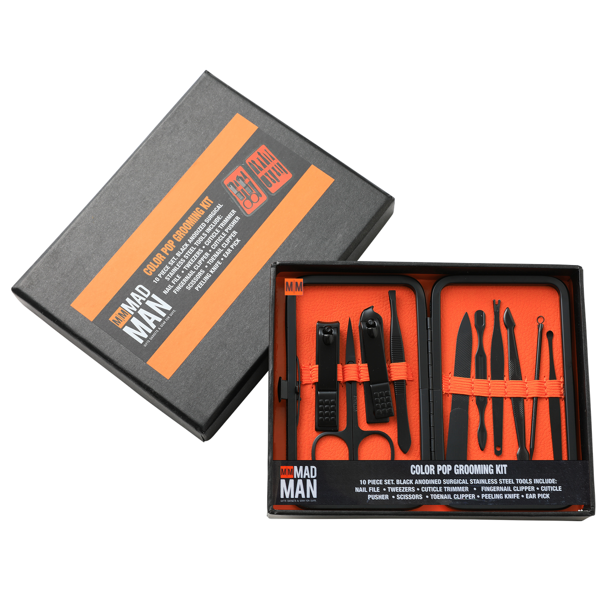 Mad Man Color Pop 10-Piece Men's Grooming Kit - red kit displayed with black box; stainless steel
