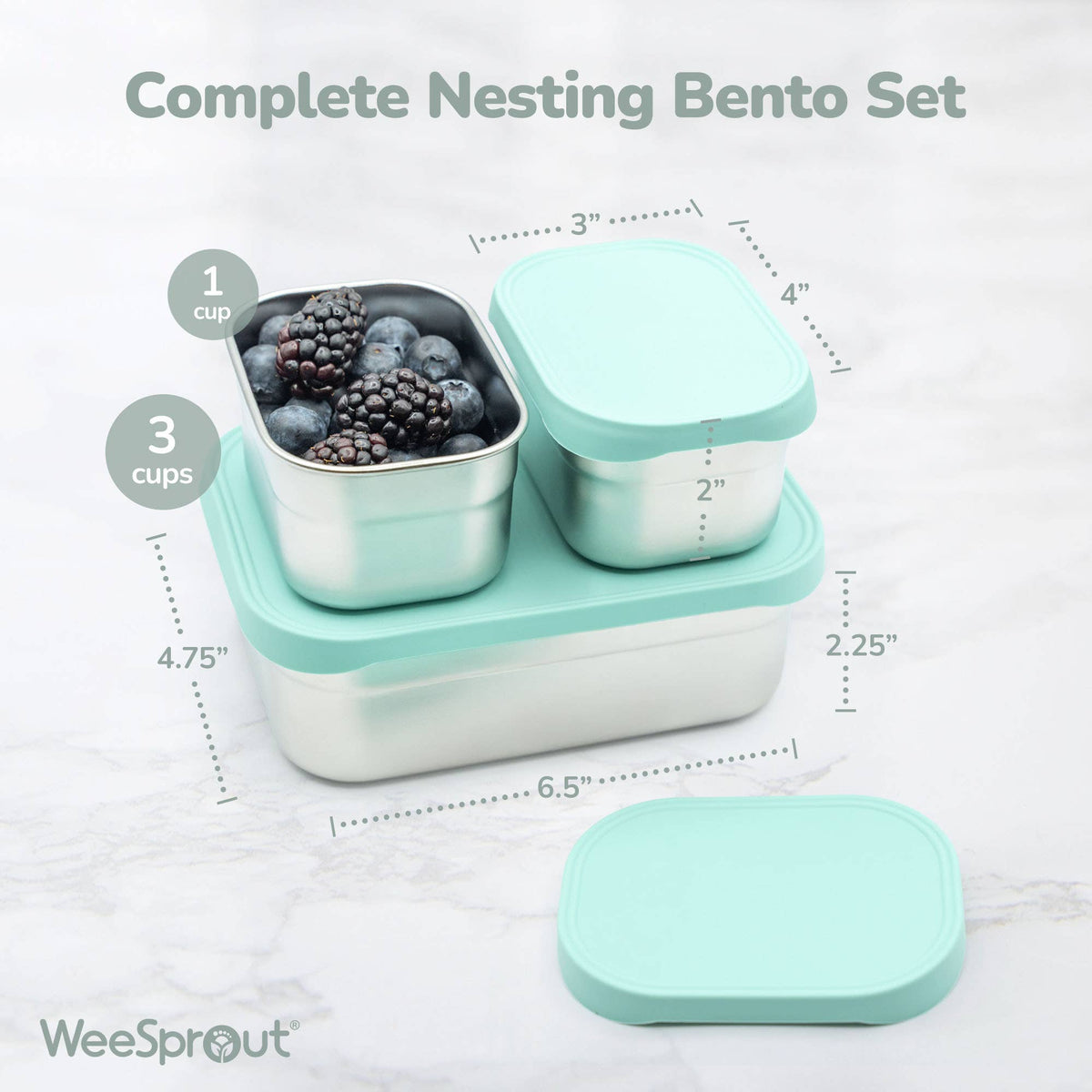 WeeSprout – Stainless Steel Bento Box Set with, illustrated product features and benefits; different photographed composition