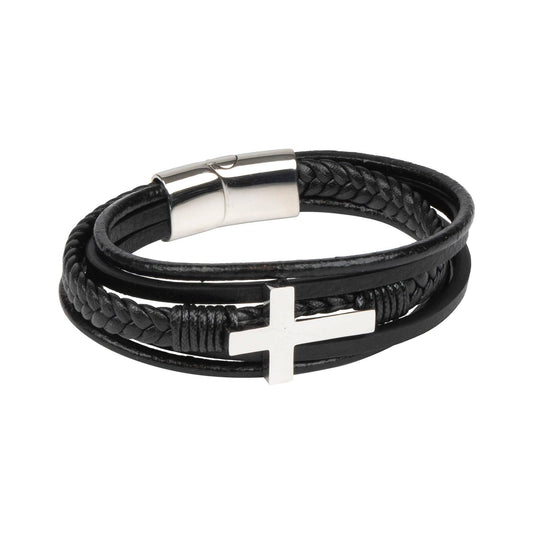 Pulsera de piel y cruz de acero